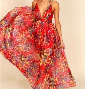 Red floral maxi dress